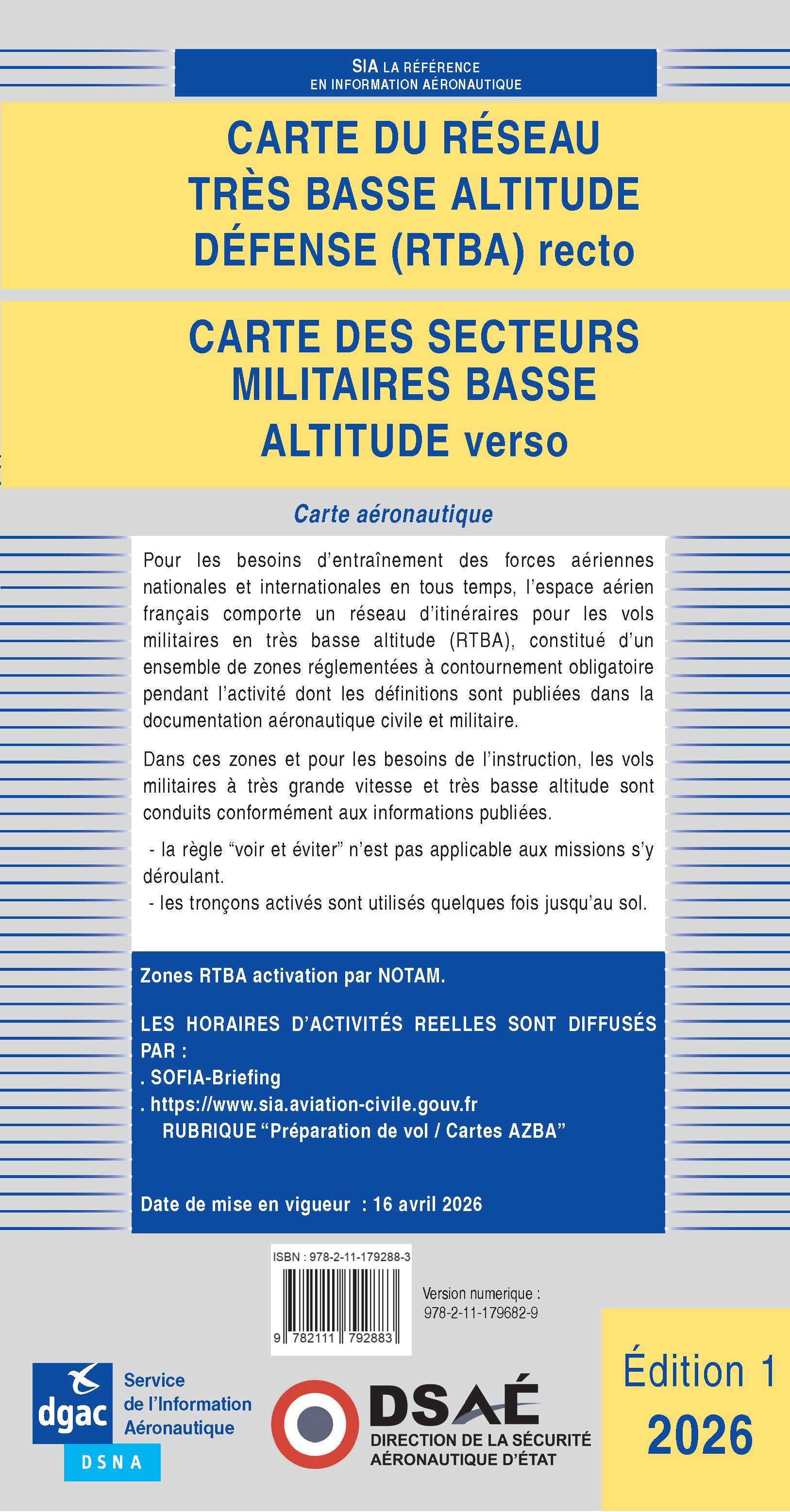 Titelblatt der französischen SIA-Luftfahrtkarte 2026 zum militärischen Tiefflugnetz RTBA
